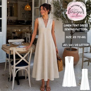 Peut inclure: Une robe trapèze sans manches en lin beige avec un décolleté en V et une jupe évasée. L'image contient le texte : Selin's Designs, Linen Tent Dress Sewing Pattern, Size: XS to 4XL, A0 / A4 / US Letter, et un dessin technique de la robe.