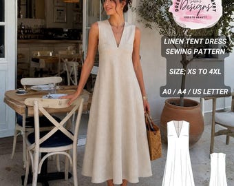Linen Tent Dress Sewing Pattern | Relaxed Midi, Sleeveless V-Neck (Digital Download)