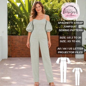 Off Shoulder Jumpsuit Sewing Pattern, Puff Sleeve Overall PDF Pattern, Spaghetti Strap Straight Leg Jumpsuit,