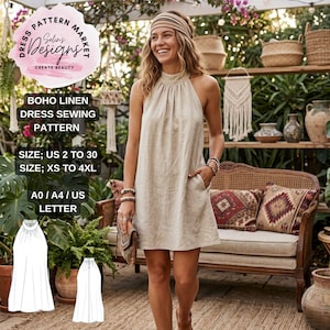 Puede incluir: Una mujer con un vestido halter de lino beige con bolsillos. La imagen incluye un patrón de costura con el texto "BOHO LINEN DRESS SEWING PATTERN" y detalles de tallas. El vestido es hasta la rodilla y tiene cuello alto.
