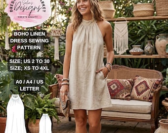 Boho Linen Halter Dress Sewing Pattern, Loose Fit Mini Tunic (Digital Download)