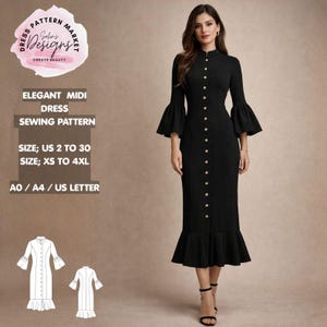 May include: A black midi dress with a high collar and flared sleeves. The dress features gold-colored buttons down the front and a ruffled hem. The image includes text that reads "ELEGANT MIDI DRESS SEWING PATTERN" and size information.