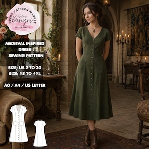 Medieval Inspired Dress Sewing Pattern, Button Front, Short Sleeve, Pockets (PDF Download)
