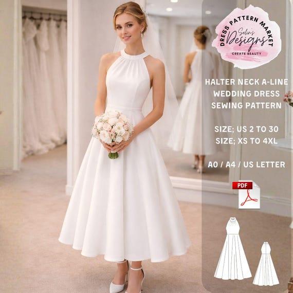 Halter Neck A-Line Wedding Dress Sewing Pattern