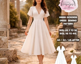 Greek Goddess Dress Sewing Pattern, Tea Length, Flutter Sleeve, V Neck (PDF Download)