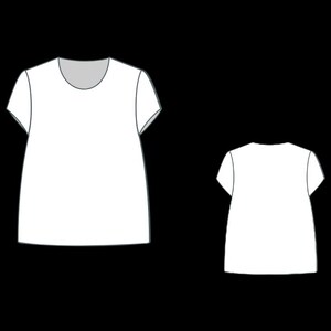 May include: White t-shirt with a scoop neck and short sleeves. The shirt has a slightly flared shape. A smaller version of the shirt is also shown. The design is a simple, minimalist style.