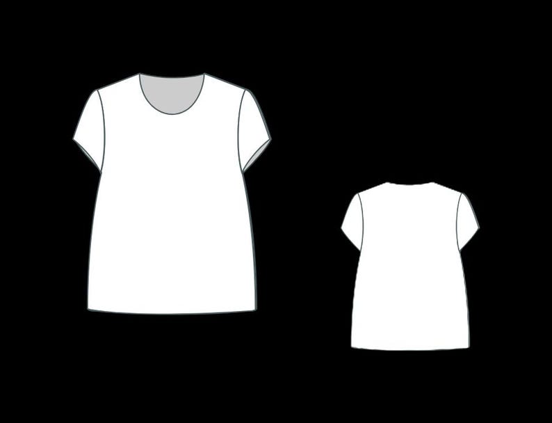 May include: White t-shirt with a scoop neck and short sleeves. The shirt has a slightly flared shape. A smaller version of the shirt is also shown. The design is a simple, minimalist style.