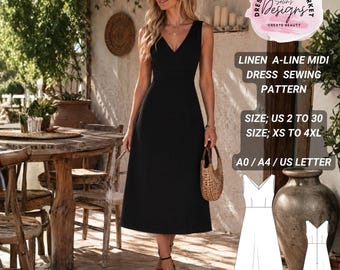 Linen A-Line Midi Dress Sewing Pattern, Deep V Neck, Sleeveless (PDF Download)