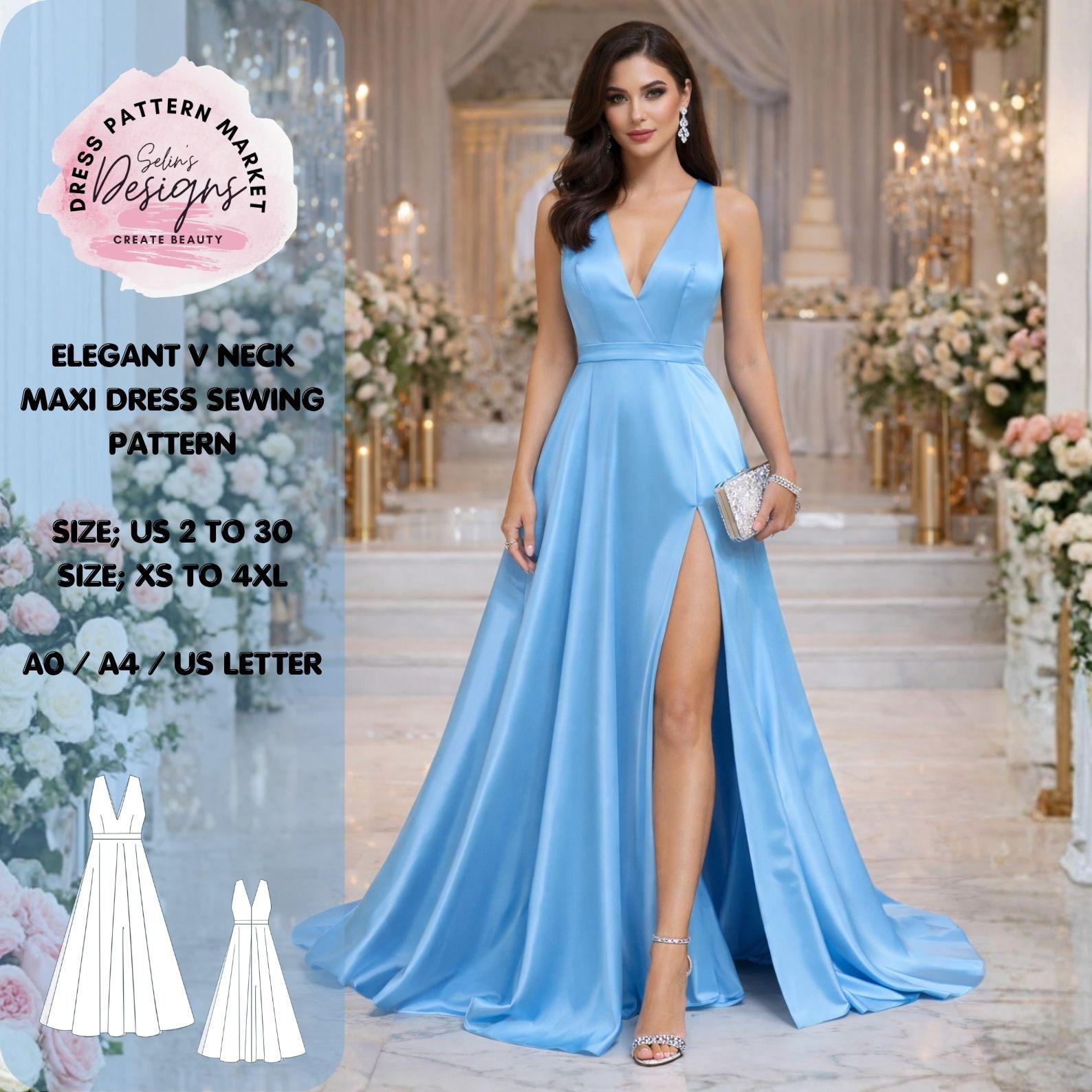 Elegant V Neck Maxi Dress Sewing Pattern, A Line Evening Gown With Slit ...
