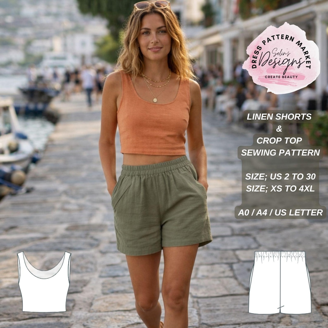 Linen Shorts & Crop Top Sewing Pattern | Summer Outfit PDF (US 2-30) - Etsy