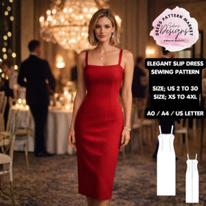 Peut inclure: Une femme porte une robe rouge à fines bretelles. La robe est ajustée et arrive au genou. Le texte sur l'image indique "ELEGANT SLIP DRESS SEWING PATTERN" et les options de taille.