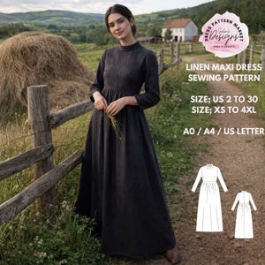 May include: A dark gray linen maxi dress sewing pattern. The dress features a high neckline and long sleeves. The image includes the text "LINEN MAXI DRESS SEWING PATTERN" and size details: US 2 to 30, XS to 4XL, and AO/A4/US LETTER.