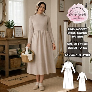 May include: A woman wearing a beige linen modest dress. The dress has long sleeves and a high neckline. The image also shows a sewing pattern with the text "Linen Modest Dress Sewing Pattern" and size options.