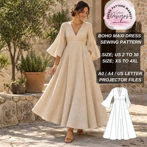 May include: A beige maxi dress with a V-neckline and wide bell sleeves. Text on the image reads: BOHO MAXI DRESS SEWING PATTERN, SIZE: US 2 TO 30, SIZE: XS TO 4XL, A0 / A4 / US LETTER PROJECTOR FILES. A line drawing of the dress is included.