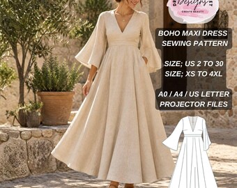 Boho Maxi Dress Sewing Pattern, Deep V-Neck Bell Sleeves, Renaissance Style (PDF)