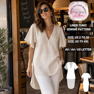 May include: A beige linen tunic sewing pattern featuring a V-neckline and short flutter sleeves. The design includes a high-low hemline. Text on the image reads: LINEN TUNIC SEWING PATTERN, SIZE: US 2 TO 30, SIZE: XS TO 4XL, A0 / A4 / US LETTER.