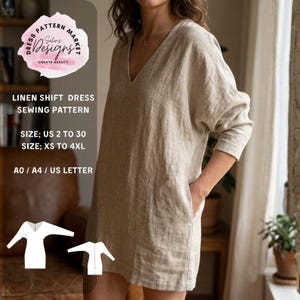 May include: A beige linen shift dress with a V-neck and long sleeves. The dress has pockets and is shown on a person. The image includes text that says "Dress Pattern Market" and "Linen Shift Dress Sewing Pattern". Sizes range from US 2 to 30 and XS to 4XL.