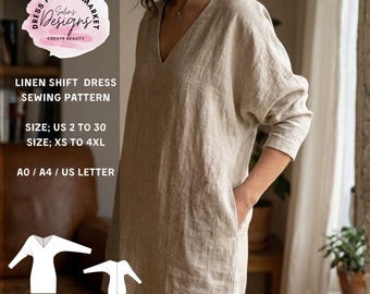 Linen Shift Dress Sewing Pattern, Loose V-Neck Tunic, Minimalist Summer Style (PDF Pattern)