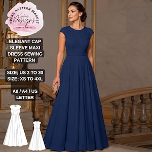 Könnte beinhalten: Ein Schnittmuster für ein marineblaues Maxikleid mit kurzen Ärmeln. Das Kleid hat ein figurbetontes Oberteil mit V-Ausschnitt und einen fließenden Rock. Der Text "Elegant Cap Sleeve Maxi Dress Sewing Pattern" ist ebenfalls enthalten.
