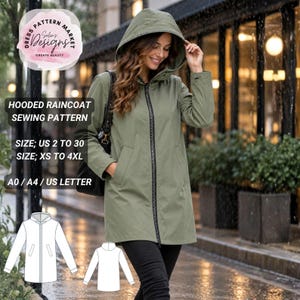 Peut inclure: Un imperméable à capuche vert olive avec une fermeture éclair noire et des poches latérales. Le texte indique : Dress Pattern Market Selin's Designs Create Beauty, Hooded Raincoat Sewing Pattern, Size US 2 to 30, Size XS to 4XL, A0 / A4 / US Letter.