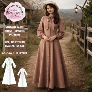 May include: A vintage maxi dress sewing pattern. The dress is a dusty rose color with long sleeves, a button-down front, and a bow at the neckline. The pattern includes sizes US 2 to 30 and XS to 4XL. The image also shows a woman wearing the dress.