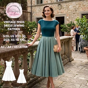 Puede incluir: Un patrón de costura de vestido vintage de los años 1950 con un corpiño verde azulado y una falda verde salvia. La imagen incluye el texto "Dress Pattern Market" y detalles de tallas: US 2 a 30 y XS a 4XL. El patrón es para tamaños A0, A4 y US Letter.