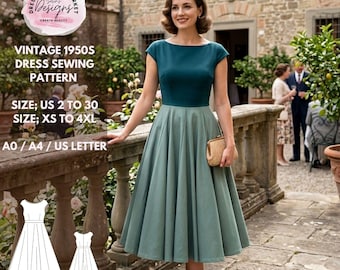 1950s Fit and Flare Midi Dress Sewing Pattern, Cap Sleeve Cocktail (PDF Pattern)