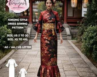 Kimono Style Dress Sewing Pattern | Elegant Maxi, Ruffle Hem, Bell Sleeves (PDF Download)