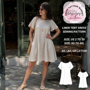 Könnte beinhalten: Ein beiges Leinen-Zeltkleid mit kurzen, ausgestellten Ärmeln und Rundhalsausschnitt. Das Bild enthält den Text: Dress Pattern Market Selin's Designs, Linen Tent Dress Sewing Pattern, Size US 2 to 30, Size XS to 4XL, A0 / A4 / US Letter.