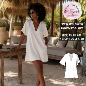 Linen Mini Dress Sewing Pattern, V Neck Flutter Sleeve, Hidden Pocket (Digital Download)