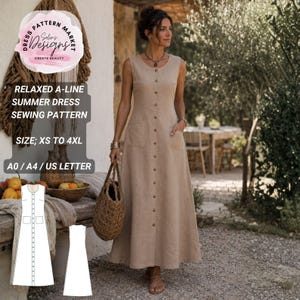 Peut inclure: Une robe trapèze beige sans manches avec une patte de boutonnage sur toute la longueur et deux poches latérales. Le texte indique : Dress Pattern Market Selin's Designs Create Beauty, Relaxed A-Line Summer Dress Sewing Pattern, Size: XS to 4XL, A0 / A4 / US Letter.