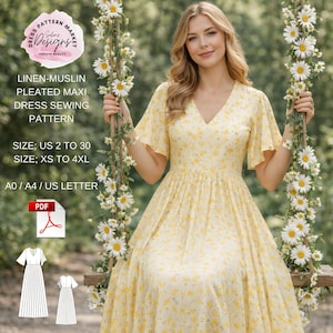 Patron de couture de robe longue en lin, col en V, manches flottantes, style cottagecore estival (PDF)