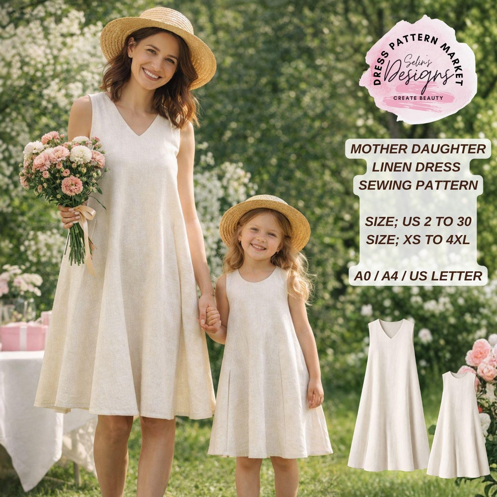 Mother Daughter Linen Dress Sewing Pattern, Matching A-line PDF, Women ...