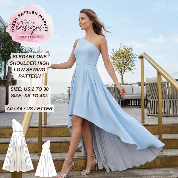 One Shoulder High Low Dress Sewing Pattern | Asymmetrical Evening Gown (PDF Download)