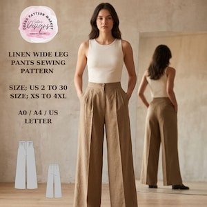 Puede incluir: Una mujer con una camiseta sin mangas color crema y pantalones de lino marrón de pernera ancha. La imagen incluye el texto "LINEN WIDE LEG PANTS SEWING PATTERN" e información sobre tallas. También se muestran dos dibujos lineales de los pantalones.