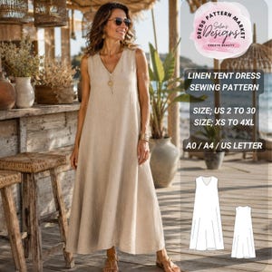 Könnte beinhalten: Ein beiges, ärmelloses Leinen-Zeltkleid mit V-Ausschnitt. Das Bild enthält Text: Dress Pattern Market Selin's Designs, Linen Tent Dress Sewing Pattern, Size US 2 to 30, Size XS to 4XL, A0 / A4 / US Letter sowie eine weiße Linienskizze des Kleids.