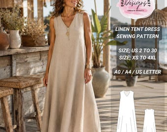 Linen Tent Dress Sewing Pattern, Relaxed Maxi, V-Neck, Boho Kaftan (PDF Download)