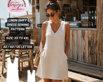 Linen Shift Dress Sewing Pattern, Sleeveless V-Neck, Hidden Pockets (Digital Download)