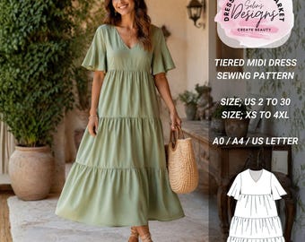 Tiered Midi Dress Sewing Pattern | Flowy Summer Dress Template (US Sizes 2–30)