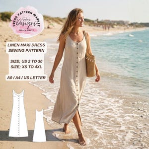 May include: A woman wearing a beige linen maxi dress walking on a beach. The dress has a button-down front and a slit. The image includes text that says "LINEN MAXI DRESS SEWING PATTERN" and size information.