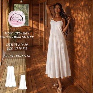 May include: A white midi dress with thin spaghetti straps and a V-neckline. Text reads: FLOWY LINEN MIDI DRESS SEWING PATTERN, SIZE: US 2 TO 30, SIZE: XS TO 4XL, A0 / A4 / US LETTER. Includes a line drawing of the dress pattern in two sizes.