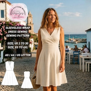 Puede incluir: Un patrón de costura para vestido cruzado sin mangas en tallas US 2 a 30 y XS a 4XL, disponible en formatos A0, A4 y US letter. El diseño presenta un escote en V, un corpiño ajustado y una falda acampanada, mostrado en color crema.