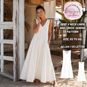 Deep V Neck Linen Midi Dress Sewing Pattern, Sleeveless A-Line, Hidden Pockets (Digital Download)