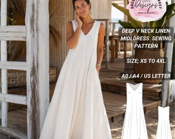 Deep V Neck Linen Midi Dress Sewing Pattern, Sleeveless A-Line, Hidden Pockets (Digital Download)