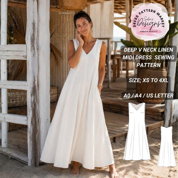 a line dress pattern with pockets Deep V Neck Linen Midi Sewing Pattern, Sleeveless A-line, Hidden (digital Download) Rush Service:With Rush+$20.00 5 6”TALL 170 WILD OASIS DROP 1 2026 3 Pack Push