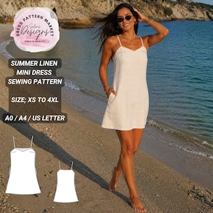 May include: A beige linen mini dress with thin spaghetti straps and side pockets. The image includes text: Dress Pattern Market Selin's Designs Create Beauty, Summer Linen Mini Dress Sewing Pattern, Size: XS to 4XL, A0 / A4 / US Letter.
