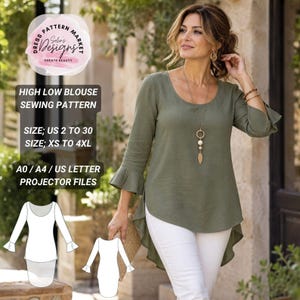 Könnte beinhalten: Ein Schnittmuster für eine asymmetrische Bluse mit Rundhalsausschnitt und Dreiviertelärmeln mit Rüschen. Der Text enthält High Low Blouse Sewing Pattern, Size US 2 to 30, Size XS to 4XL und A0 / A4 / US Letter Projector Files.