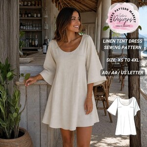 Op de afbeelding: Een beige linnen tentjurk met een ronde halslijn en wijde, uitlopende mouwen. De afbeelding bevat de tekst: LINEN TENT DRESS SEWING PATTERN, SIZE: XS TO 4XL, A0 / A4 / US LETTER. Een zwart-witte lijntekening van de jurk is in de hoek te zien.