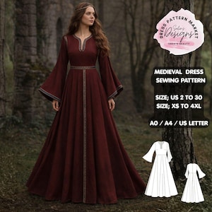 Puede incluir: Un vestido medieval burdeos con mangas largas y acampanadas y cuello en V. El vestido presenta adornos dorados y se muestra con un patrón de costura. El texto de la imagen dice "Patrón de costura de vestido medieval".