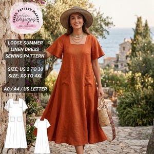 May include: A loose summer linen dress sewing pattern featuring a square neckline, short flared sleeves, and two front patch pockets. The text reads: LOOSE SUMMER LINEN DRESS SEWING PATTERN, SIZE: US 2 TO 30, SIZE: XS TO 4XL, A0 / A4 / US LETTER.